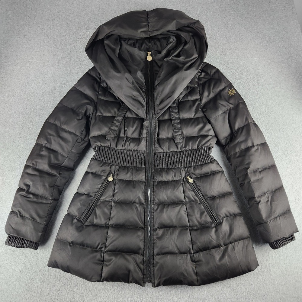 Laundry by Shelli Segal Puffer Jacket Womens M Black Smocked Waist Hood Full Zip